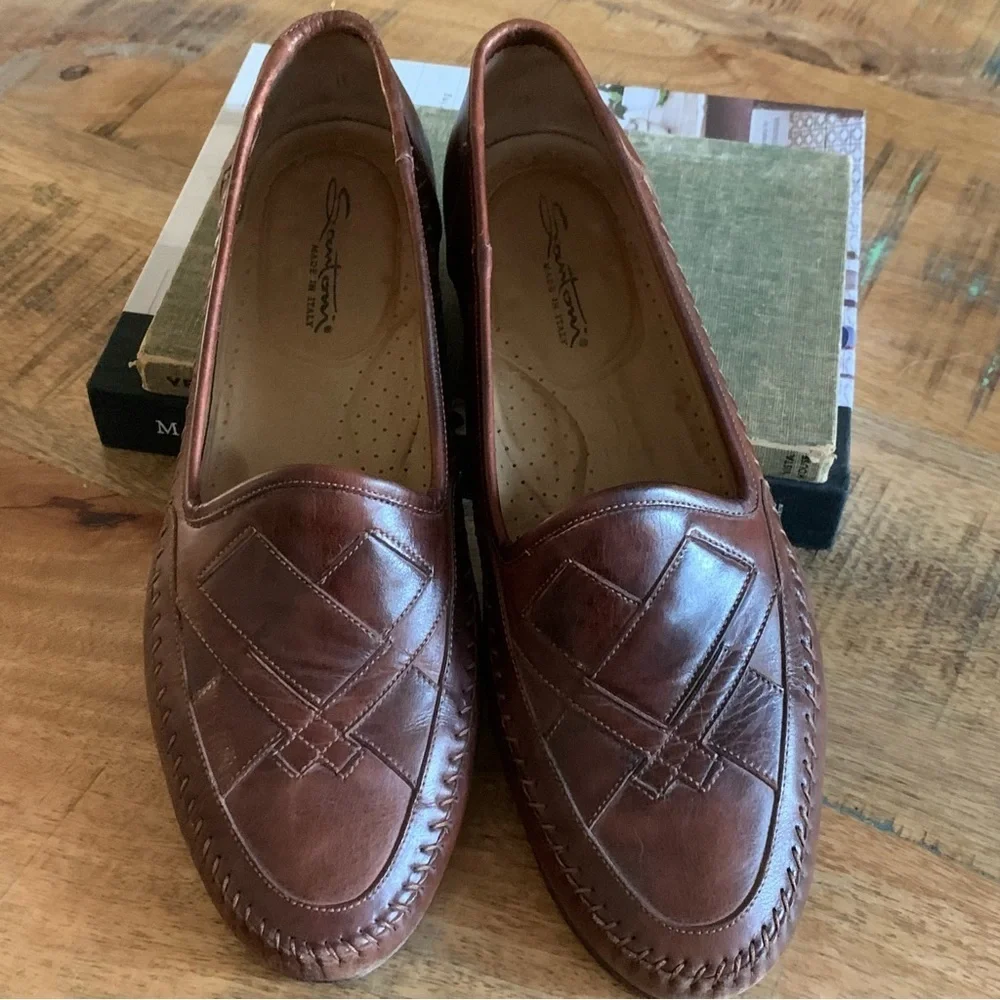 Santoni Mens Leather Interwoven Design almond toe Brown loafers Size 10